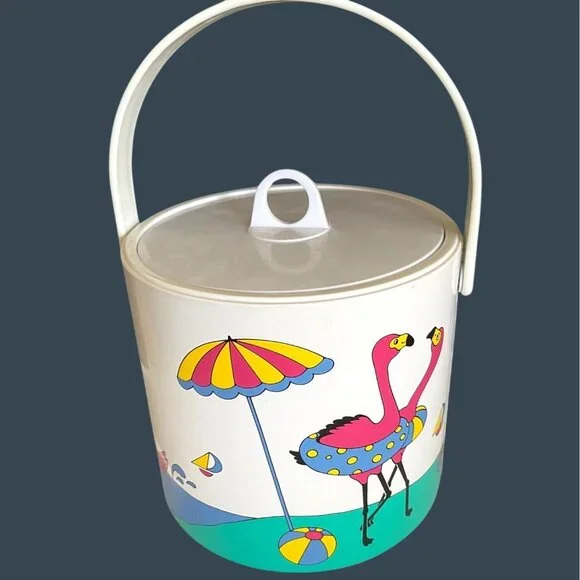 Retro Pink Flamingo Ice Bucket Barware Drink 10 Pc Set Tumbler Glasses Vintage - Picture 2 of 16